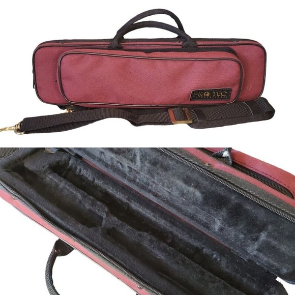 Vintage 90s Burgundy Maroon Flute‎ Case Velvet Lined Shoulder Strap Canvas - Picture 1 of 16